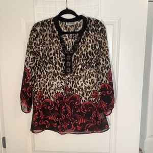 JM Collection Ladies Sheer Pullover V-Neck Blouse Black/ Brown Size L